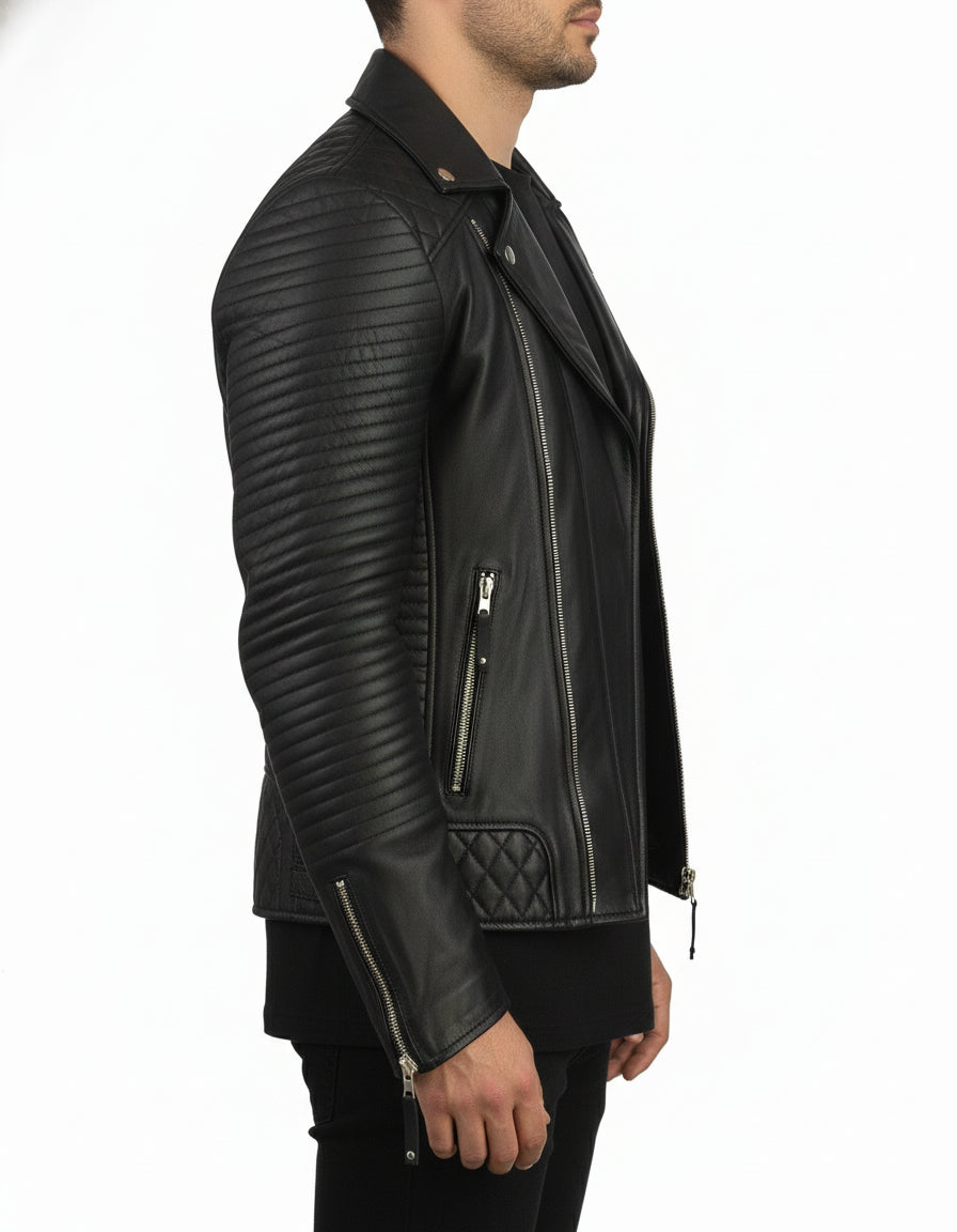 model-side-view - Handmade Men's Black Biker Leather Jacket, Black Sheep Leather Motorcycle Jacket for Men