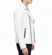 model-side-view - Handmade Mens Fashion White Biker Jacket, Mens White Studded belted Jacket
