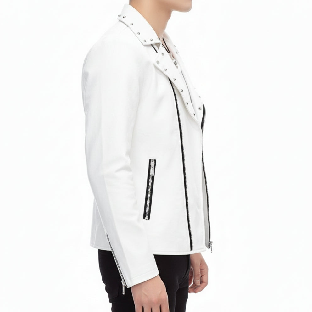model-side-view - Handmade Mens Fashion White Biker Jacket, Mens White Studded belted Jacket