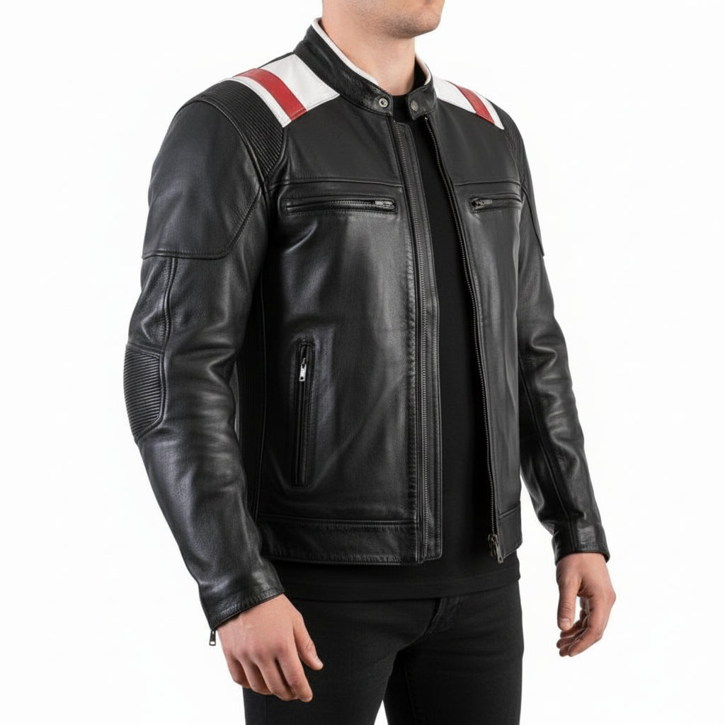 model-side-view - Handmade Mens Two tone biker Jacket, Men black Brando motorcycle Jacket