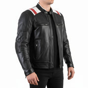 model-side-view - Handmade Mens Two tone biker Jacket, Men black Brando motorcycle Jacket