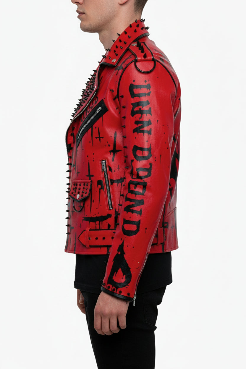 model-side-view - Handmade Red Sinner leather jacket, men punk style fashion jacket