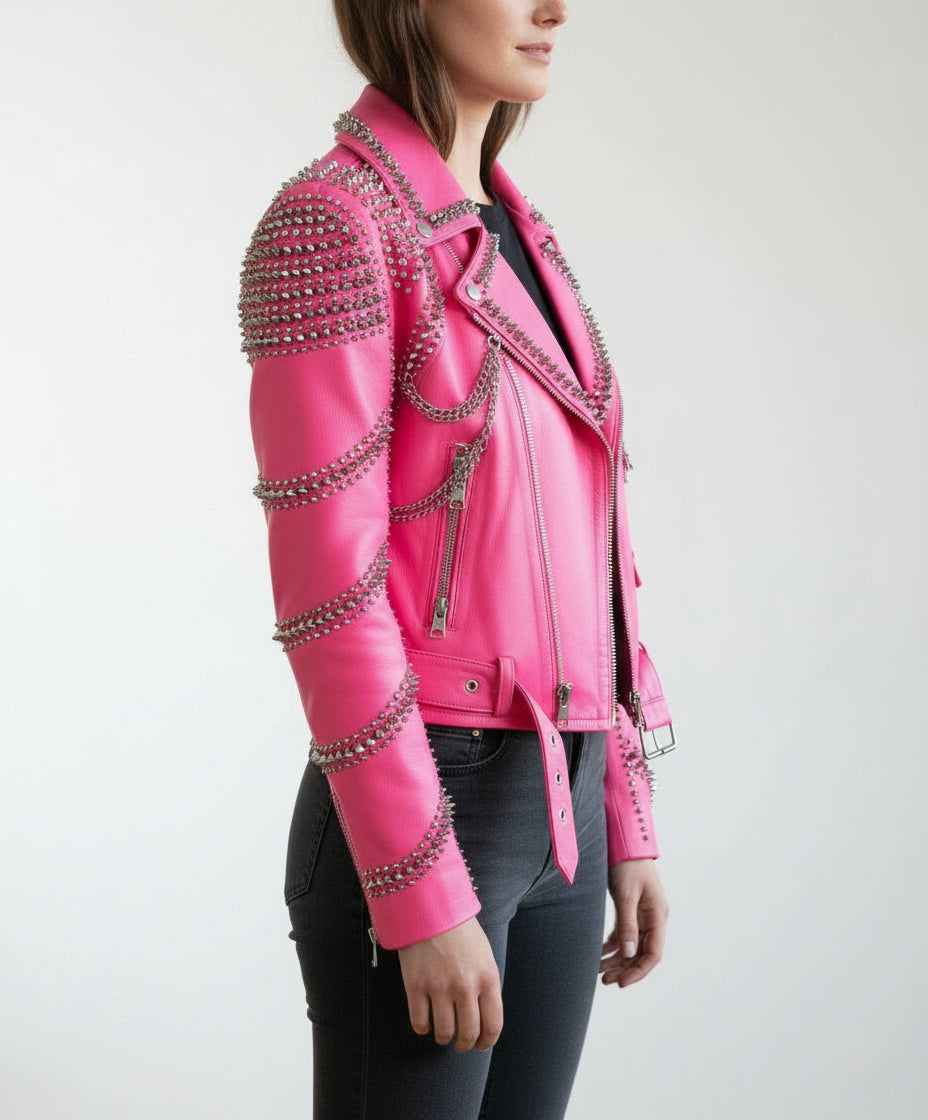 model-side-view - Handmade women pink punk style jacket, leather gothic rivet rock jacket