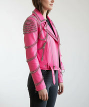 model-side-view - Handmade women pink punk style jacket, leather gothic rivet rock jacket