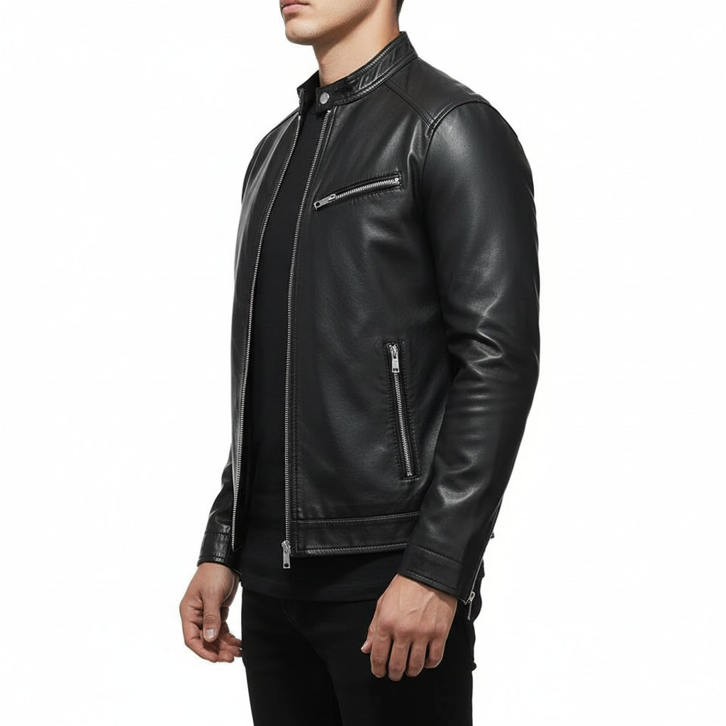 model-side-view - Made to order Men black Slim fit leather jacket, black biker jacket for men