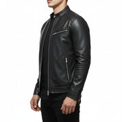 model-side-view - Made to order Men black Slim fit leather jacket, black biker jacket for men