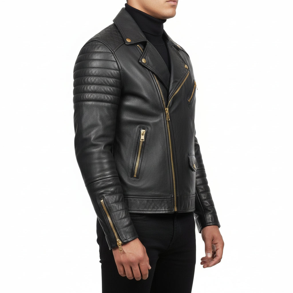 model-side-view - Man Black Motorcycle Fashion Leather Jacket Men Biker Style Fashion Jacket
