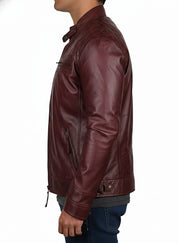model-side-view - Maroon Leather Biker Jacket for Men,Leather Fashion Jacket, Racers Jacket