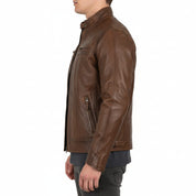 model-side-view - Men Antique Brown Leather Jacket, Brown Biker Leather Jacket