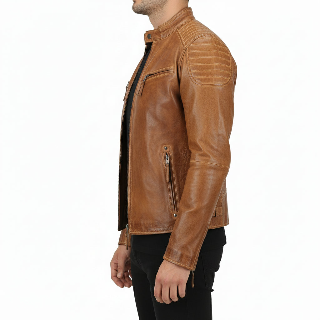 model-side-view - Men antique brown leather jacket, Men tan brown biker leather jacket