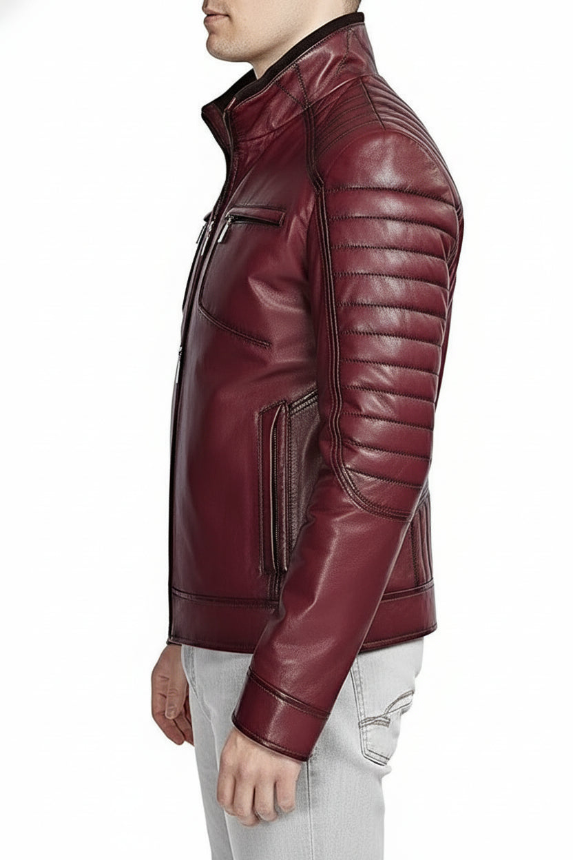 model-side-view - Men Antique maroon color leather jacket, Men maroon biker jacket