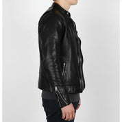 model-side-view - Men black biker jacket, Motorcycle jacket for men, Men leather jacket