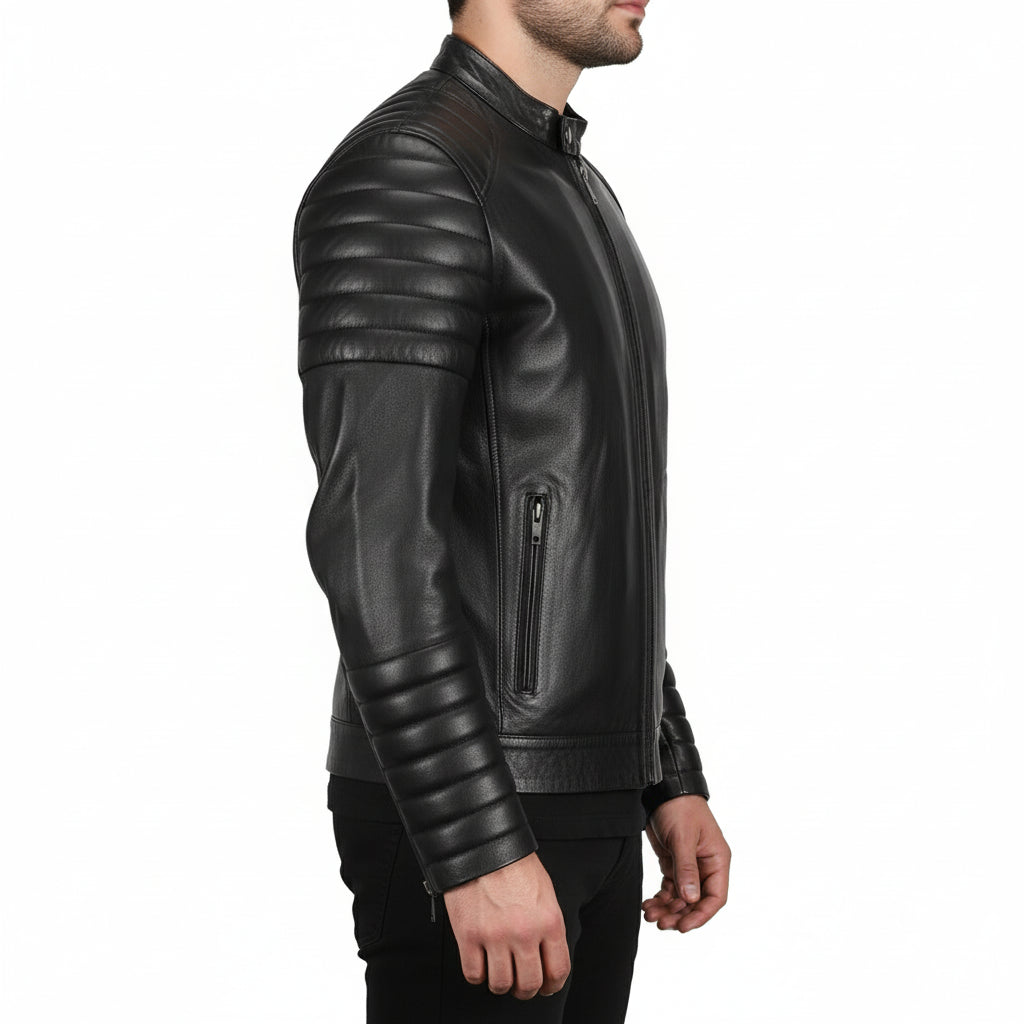 model-side-view - Men Black biker leather jacket Men Black Slim fit motorcycle leather jacket