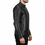 model-side-view - Men Black biker leather jacket Men Black Slim fit motorcycle leather jacket