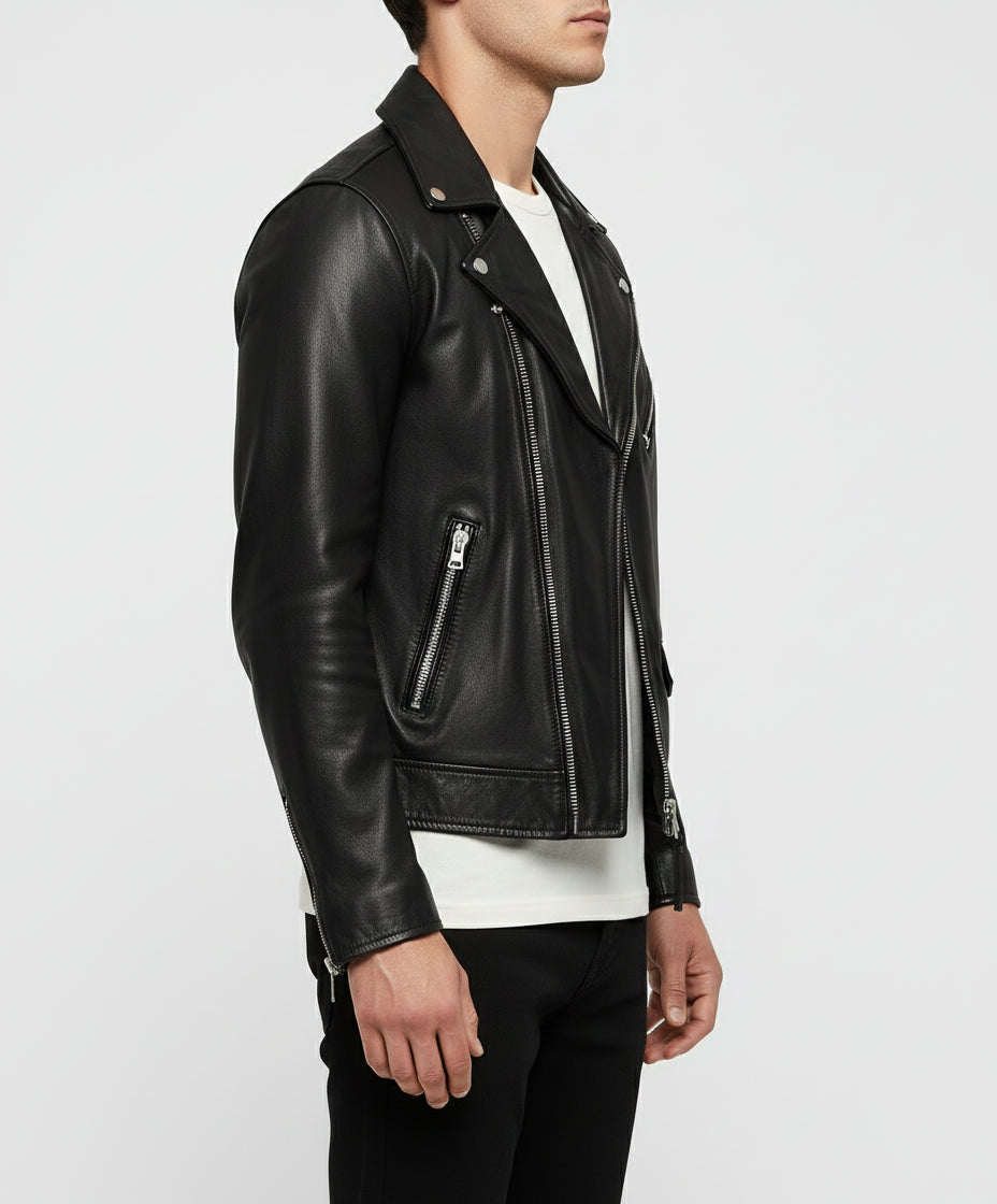 model-side-view - Men black biker leather Jacket, Men motorcycle jacket, biker jacket for men