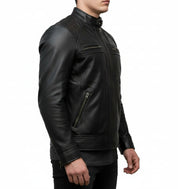 model-side-view - Men Black Biker Leather Jacket, Men's Stylish Black Sheep Leather Biker Jacket