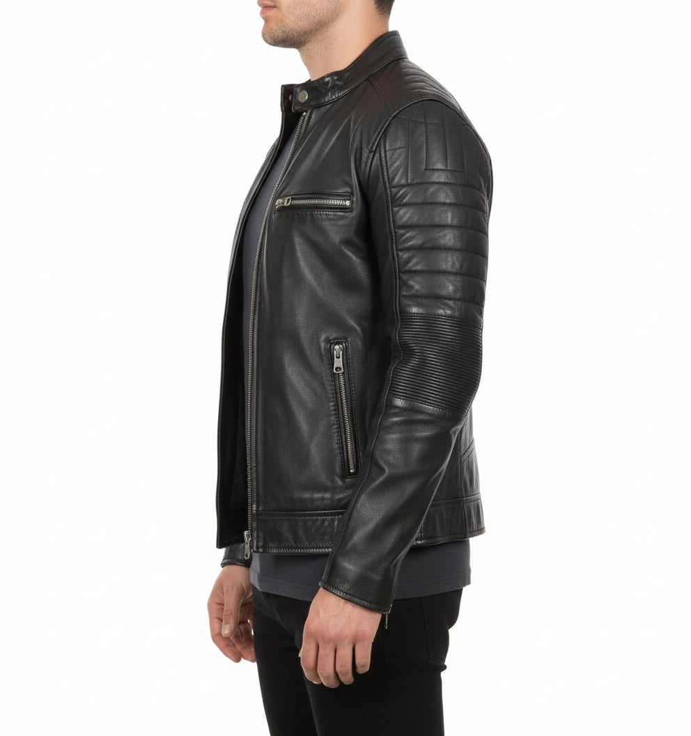 model-side-view - Men black brando leather jacket, Black biker jacket, Motorcycle jacket mens