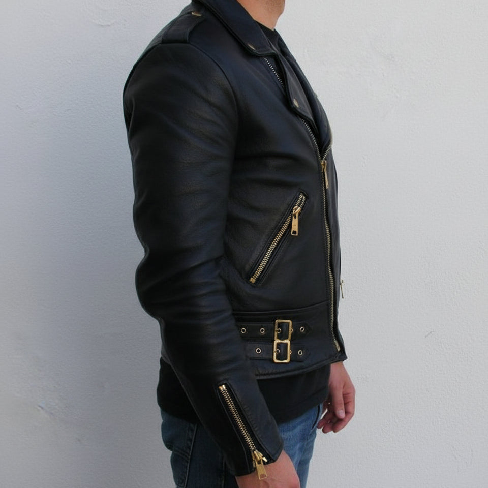 model-side-view - Men Black Color Biker Leather Jacket, Motorbike Leather Jacket