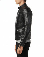 model-side-view - Men Black Crocodile Embossed Pattern leather Jacket , Men Leather jacket