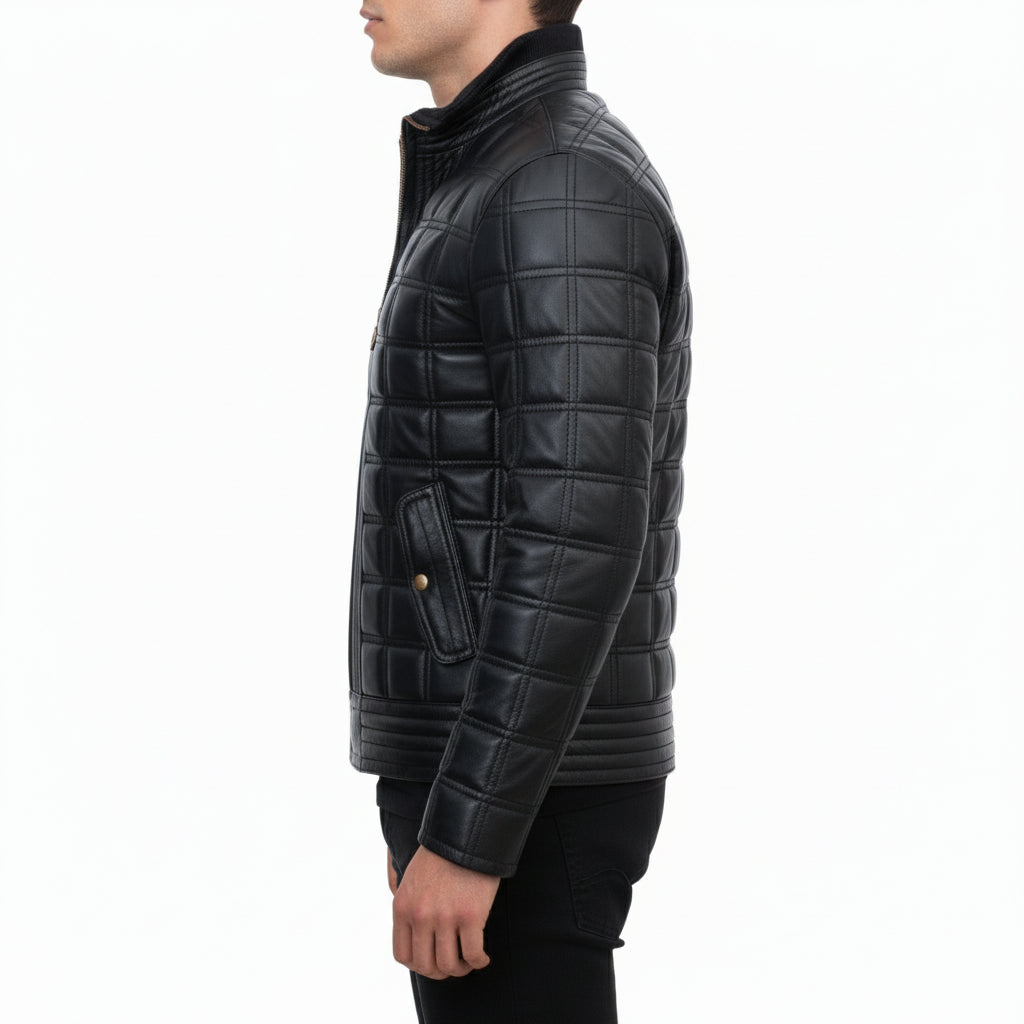 model-side-view - Men Black Lamb Skin Quilted leather Jacket, Men black quilted biker jacket