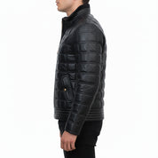 model-side-view - Men Black Lamb Skin Quilted leather Jacket, Men black quilted biker jacket