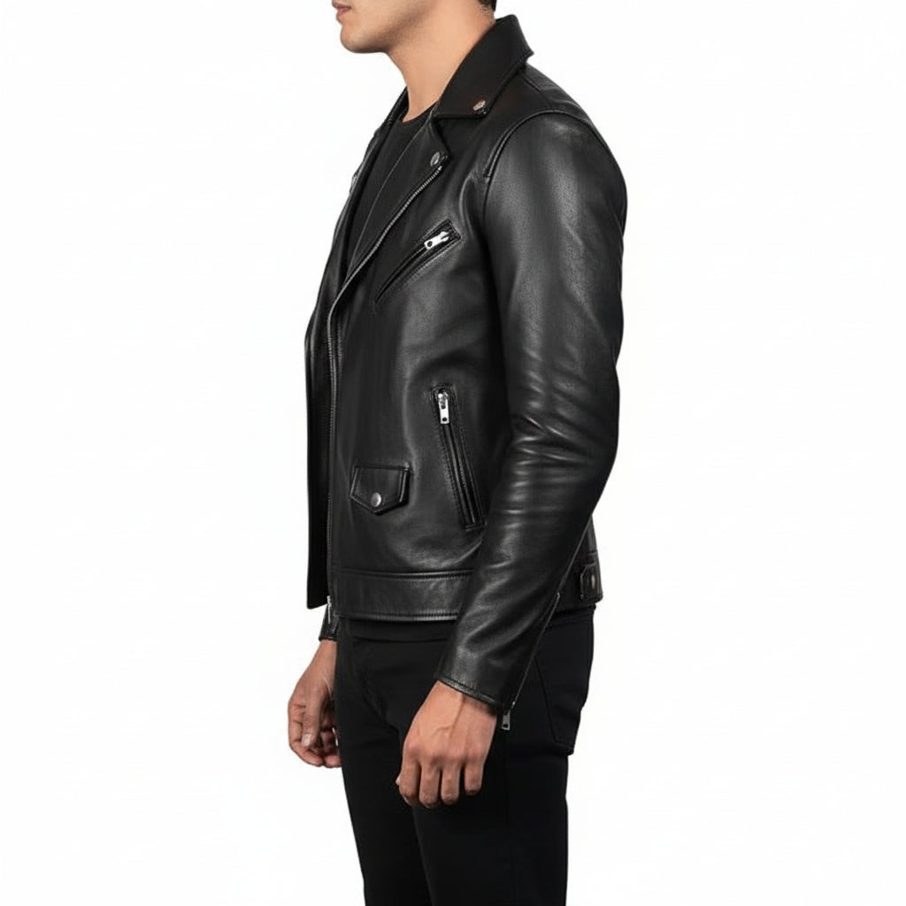 model-side-view - Men Black Leather Biker Jacket, Mens wide collar jacket , Mens Jackets