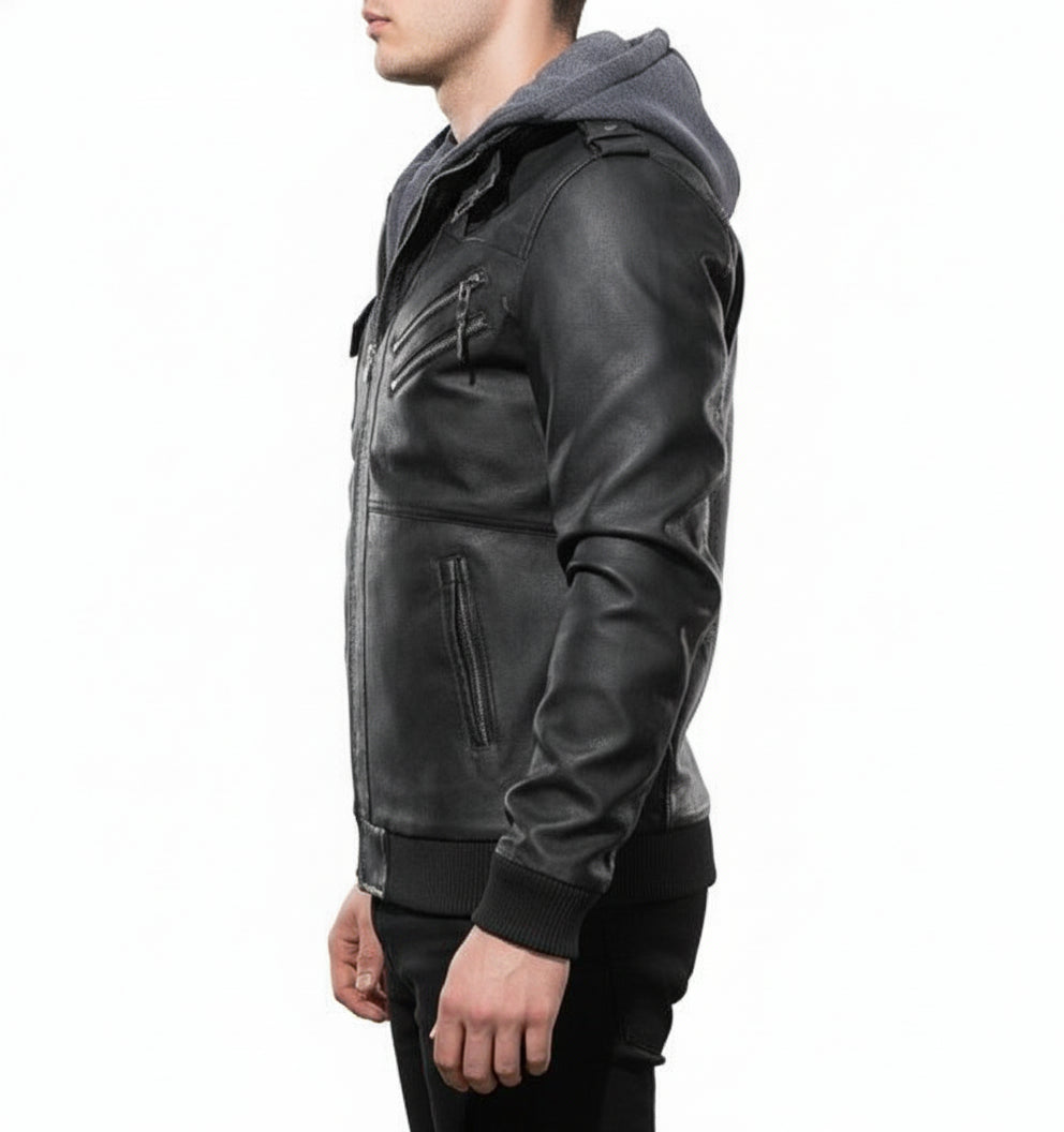 model-side-view - Men Black Leather Bomber Style Leather Jacket with Hoodie, Baseball Jackets