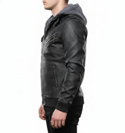 model-side-view - Men Black Leather Bomber Style Leather Jacket with Hoodie, Baseball Jackets