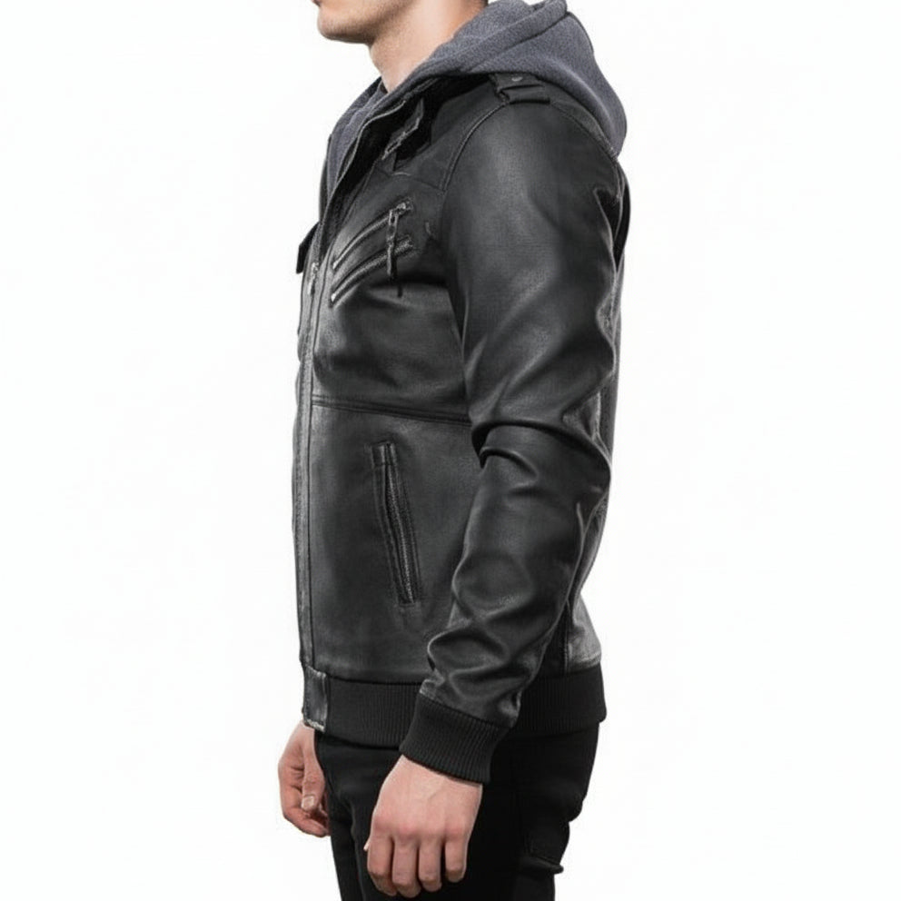 model-side-view - Men Black Leather Bomber Style Leather Jacket with Hoodie, Baseball Jackets