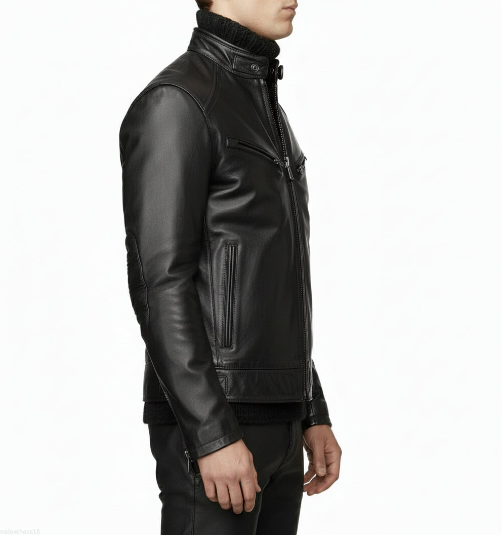 model-side-view - Men black Leather Motorcycle Jacket, Black biker leather Jacket