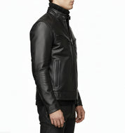 model-side-view - Men black Leather Motorcycle Jacket, Black biker leather Jacket