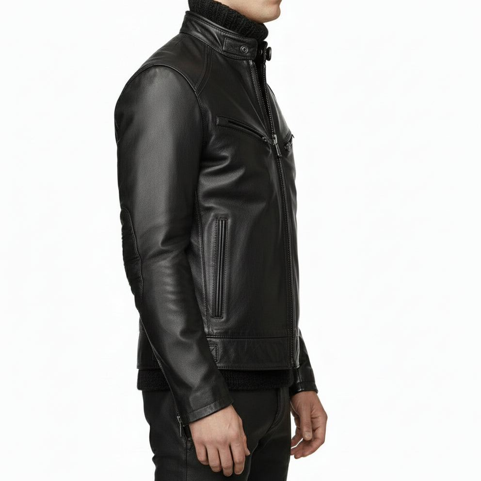 model-side-view - Men black Leather Motorcycle Jacket, Black biker leather Jacket