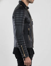 model-side-view - Men Black Leather Motorcycle Jacket, Winter Fashion Leather Jacket for men