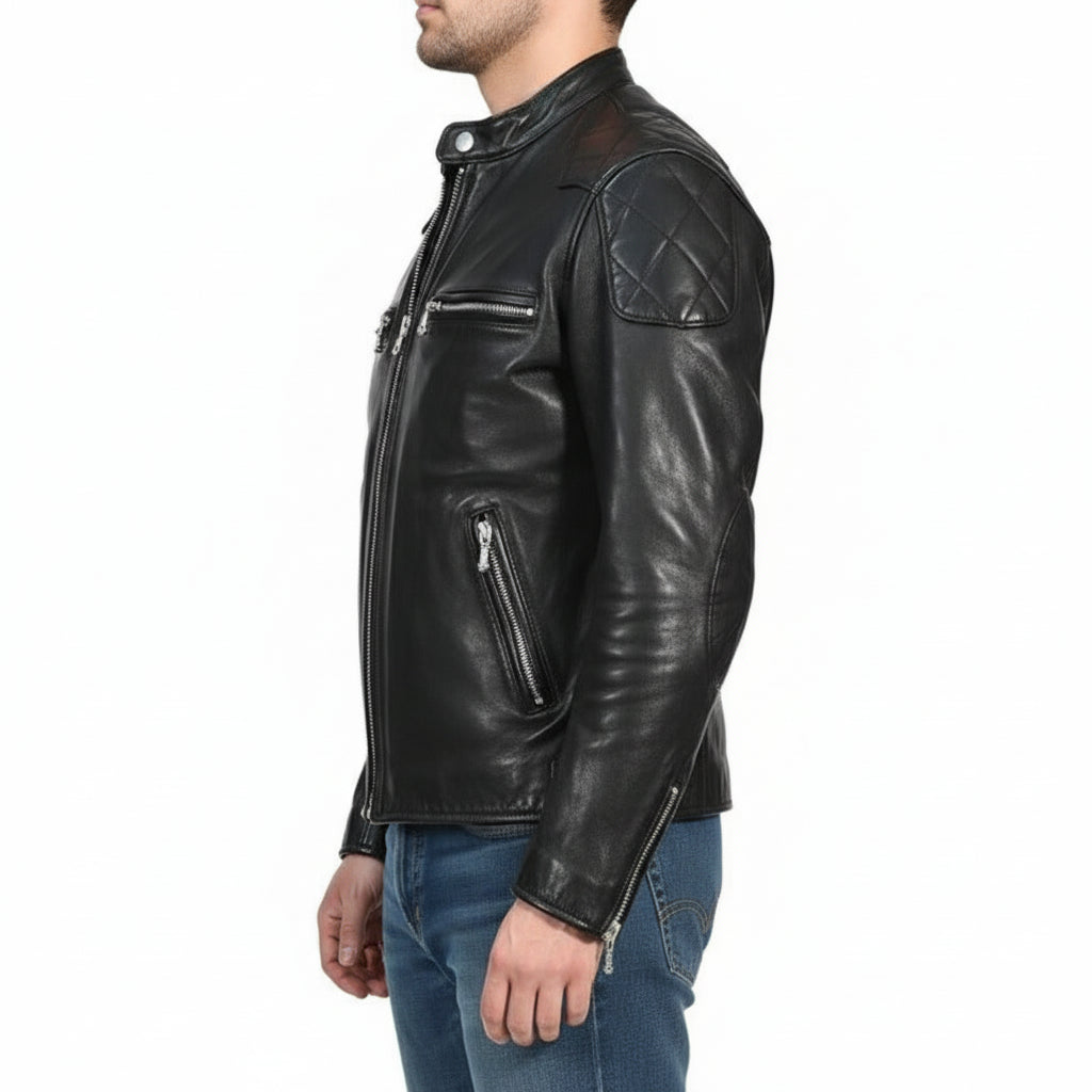 model-side-view - Men Black Leather Motorcycle, Winter Fashion Leather Jacket