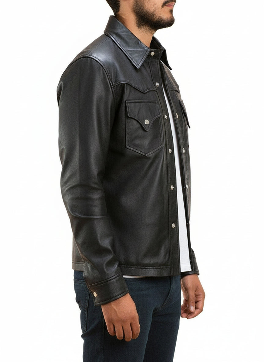model-side-view - Men Black Leather Slim fit Jacket with Cargo pockets, Men Fashion Jackets