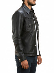 model-side-view - Men Black Leather Slim fit Jacket with Cargo pockets, Men Fashion Jackets