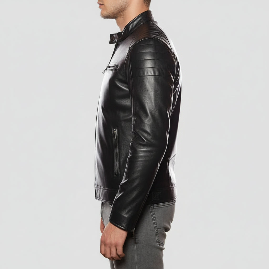 model-side-view - Men Black leather slimfit jacket, Men biker jacket, leather jacket men