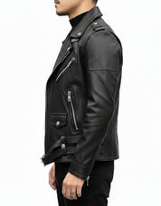 model-side-view - Men Black multi pocktes biker leather jacket, Black motorcycle jacket