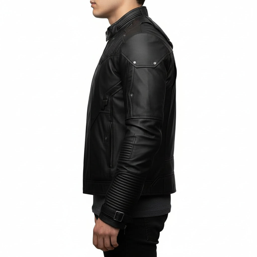 model-side-view - Men black sheep leather bomber leather jacket, Men black biker jacket