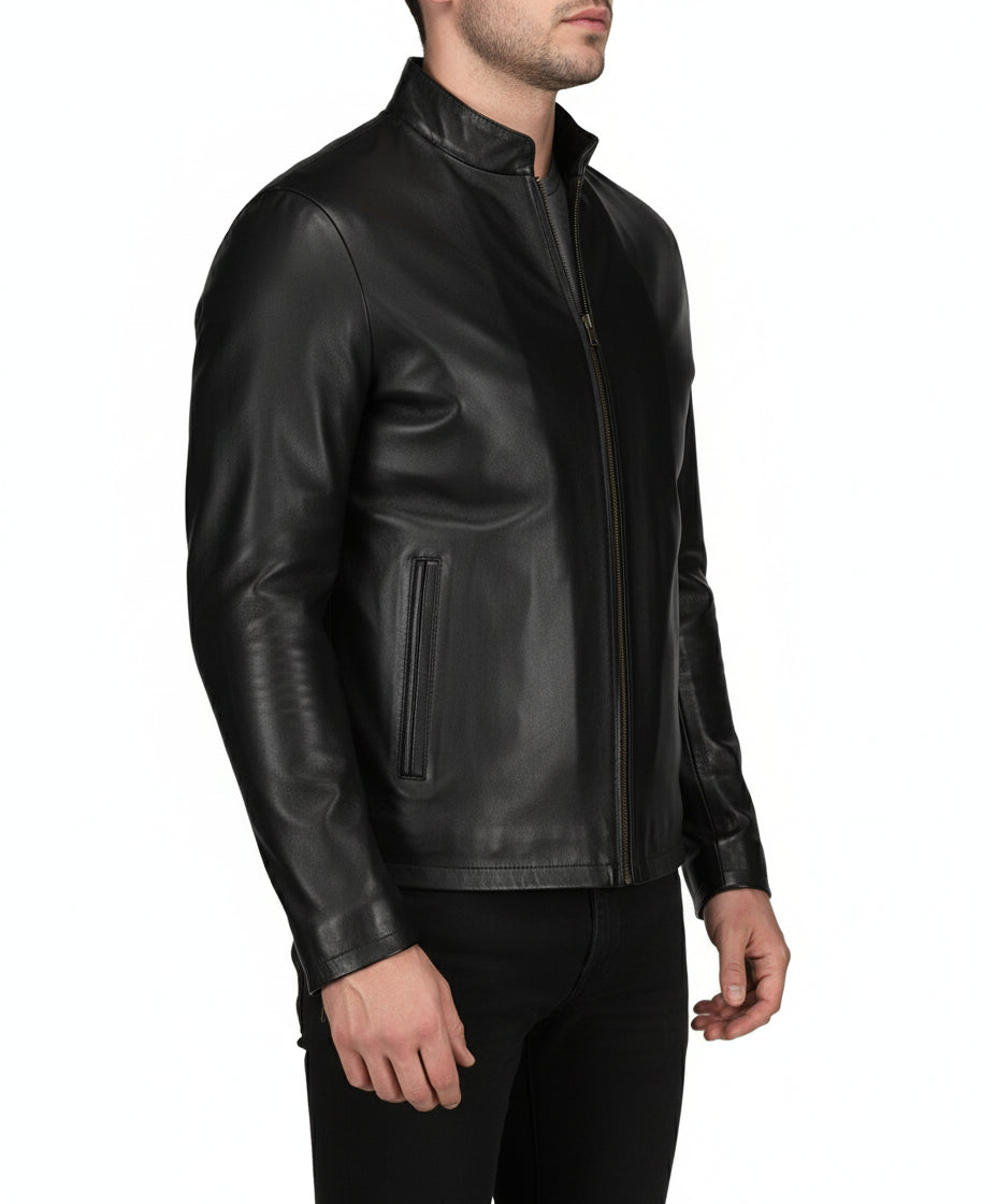 model-side-view - Men black sheep leather Jacket, Men motorcycle jacket, Biker jacket for men
