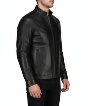 model-side-view - Men black sheep leather Jacket, Men motorcycle jacket, Biker jacket for men