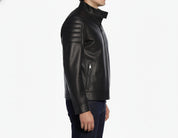 model-side-view - Men black sheep leather Jacket, Stand collar motorcycle jacket