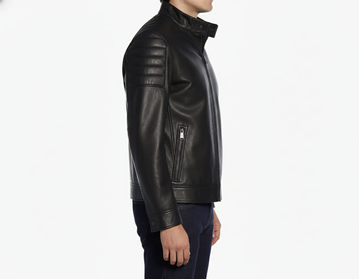 model-side-view - Men black sheep leather Jacket, Stand collar motorcycle jacket