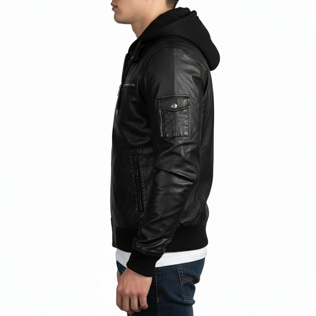 model-side-view - Men Black Slim Fit Fabric Hooded Jacket, Leather Hooded Jacket, Hoodies