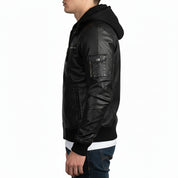 model-side-view - Men Black Slim Fit Fabric Hooded Jacket, Leather Hooded Jacket, Hoodies