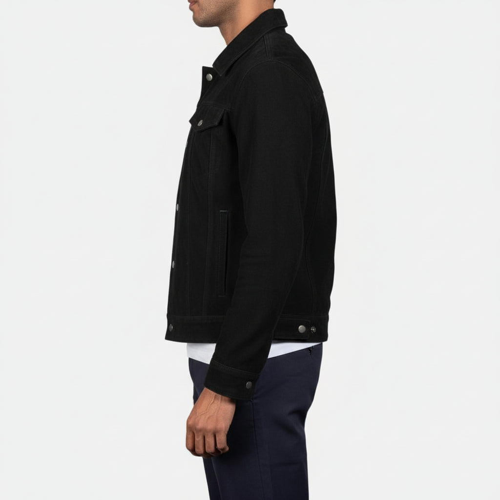 model-side-view - Men black suede trucker jacket, suede multi pocket jacket, Jacket for men