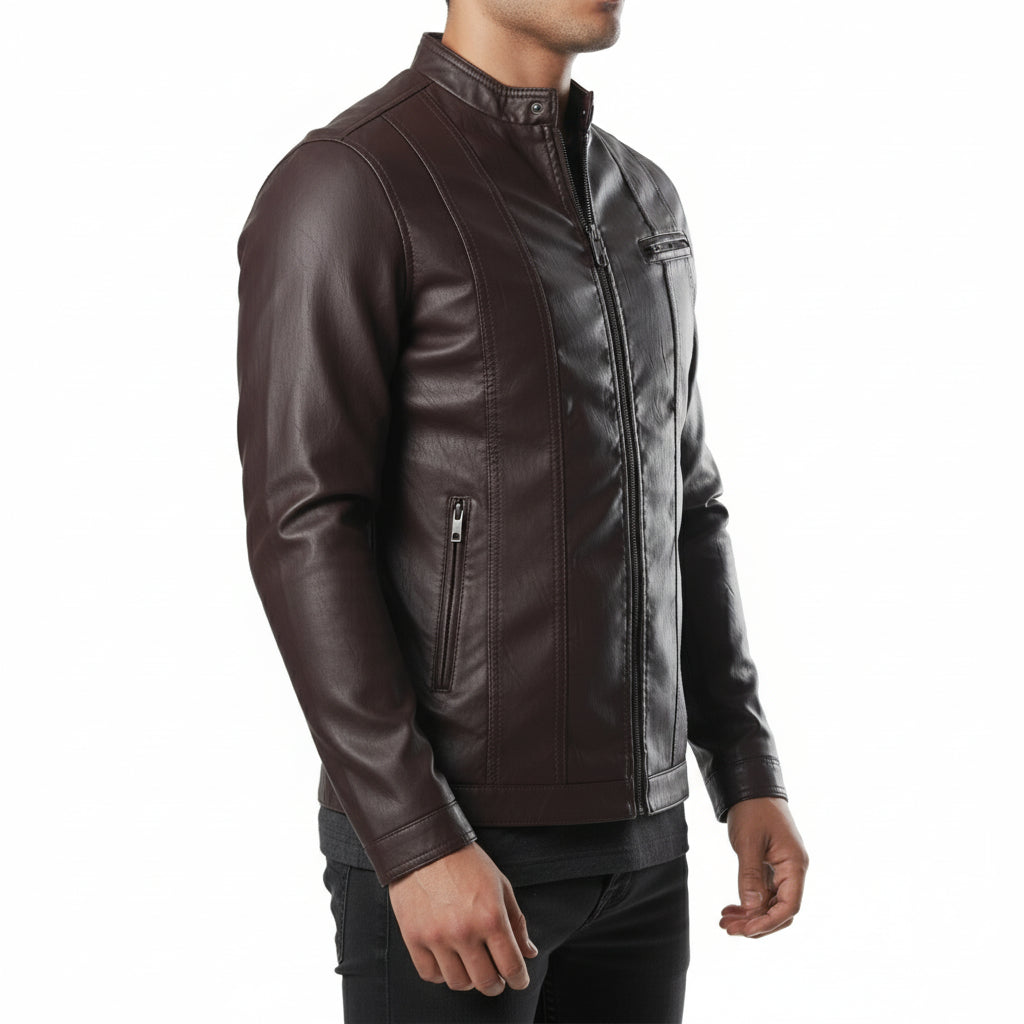 model-side-view - Men Brown Leather Jacket, Biker Jacket for Men, Winter Leather Apparel
