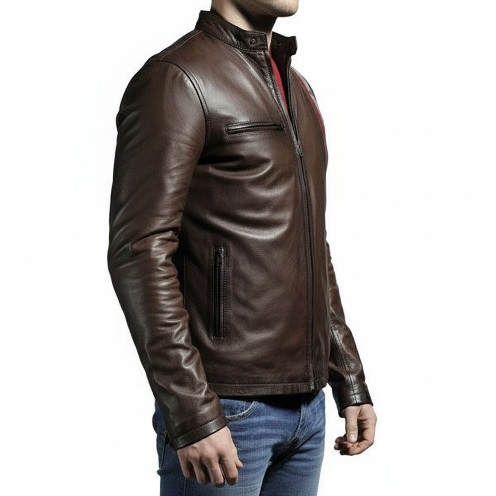 model-side-view - Men Brown Leather Jacket, Mens Biker Jacket, Casual Leather Jackets