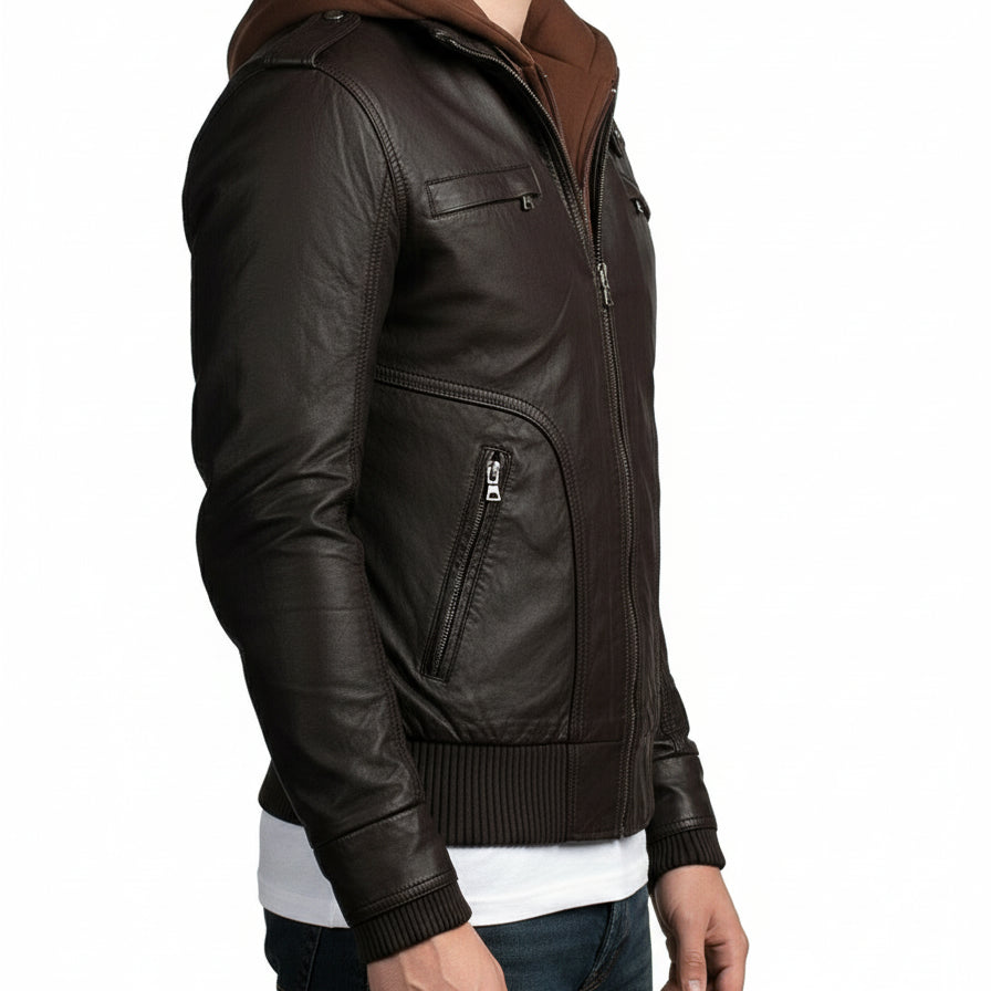 model-side-view - Men Brown Slim Fit Fabric Hooded Jacket, Leather Hooded Jacket, Hoodies