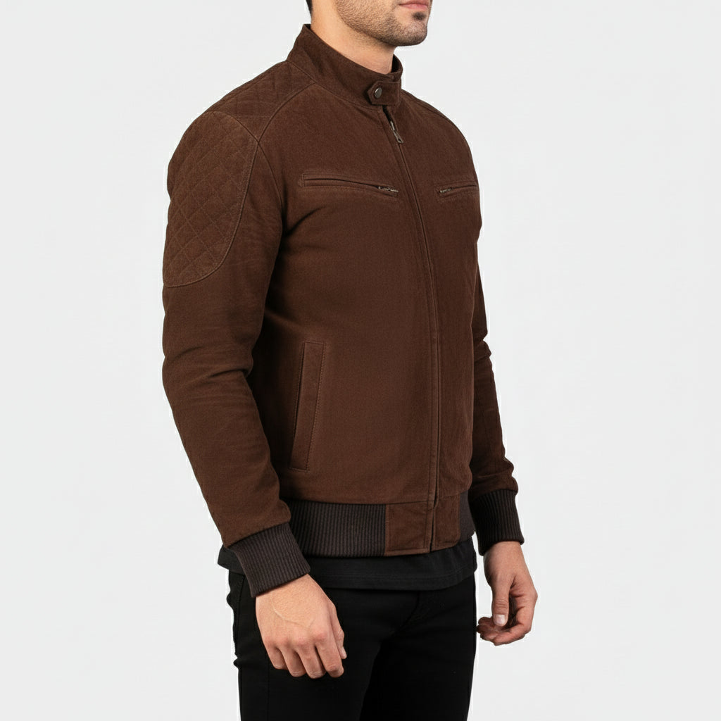 model-side-view - Men Brown suede slim fit jacket, Men brown suede biker jacket
